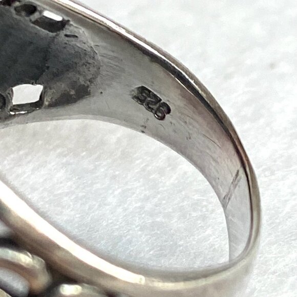 Sterling Silver 925 Chunky Oval Black Onyx Cab Pierced Scrollwork Ring Sz 6.5 - Picture 8 of 16